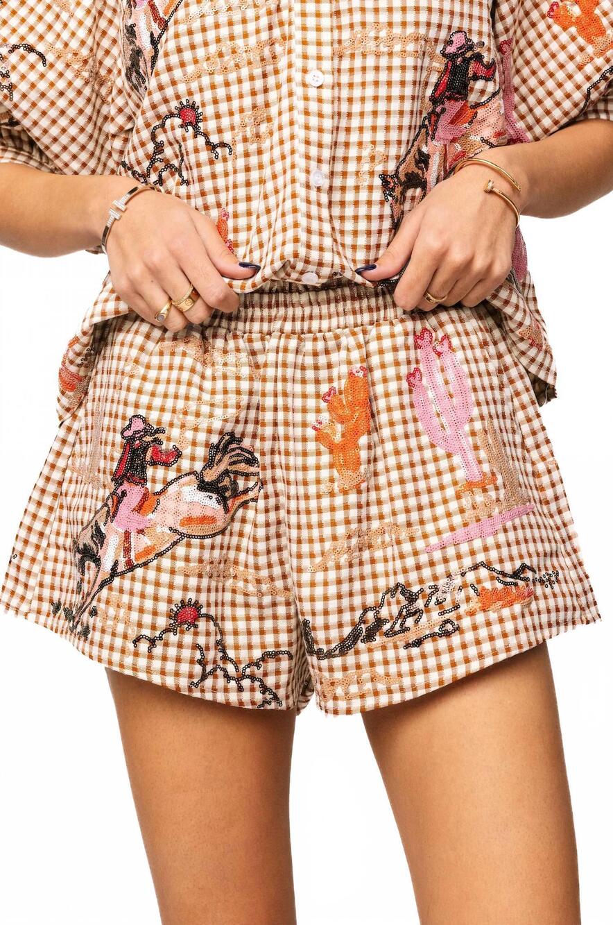 NEW QUEEN OF SPARKLES gingham bucking cowgirl shorts in brown